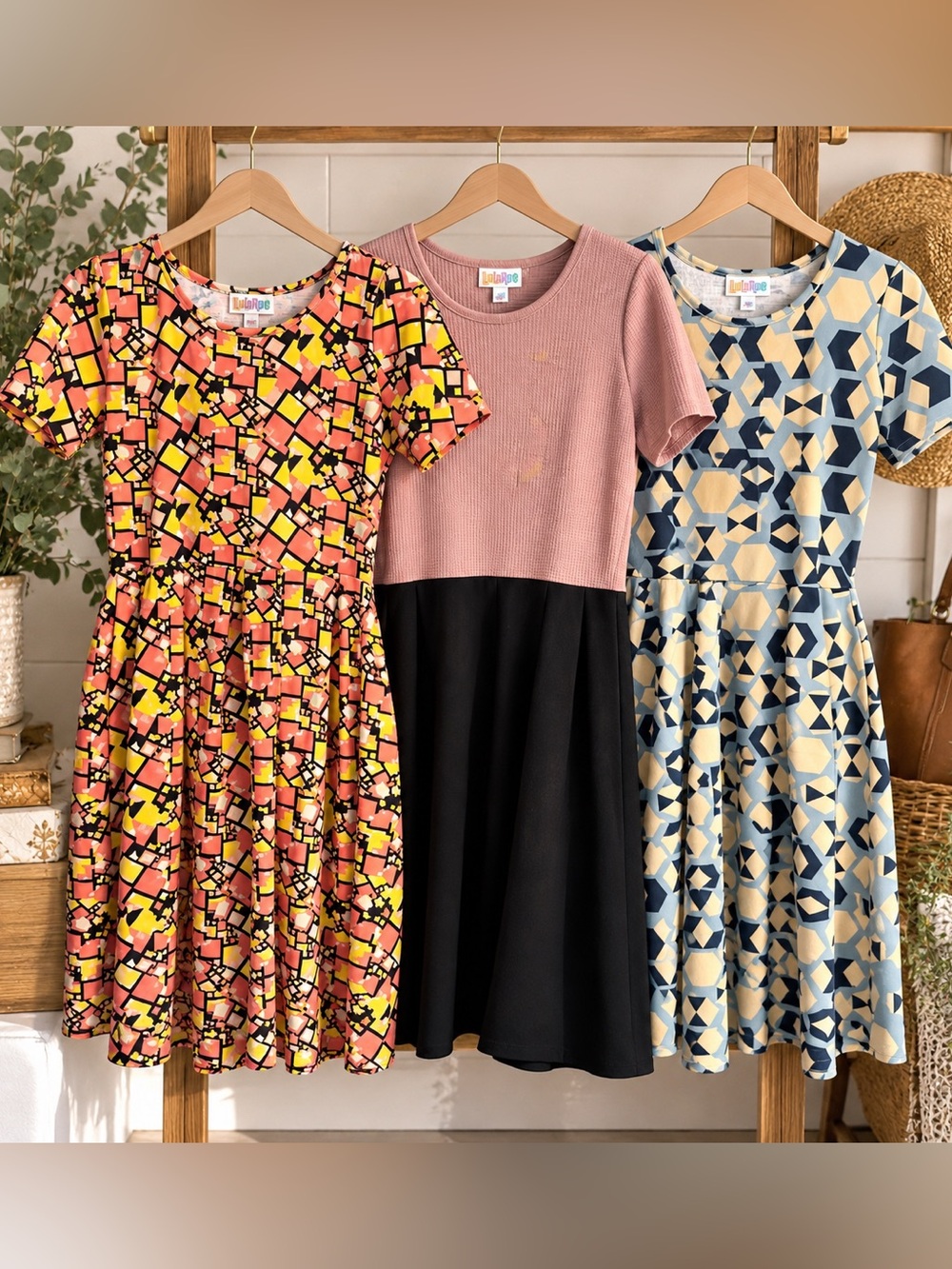 LuLaRoe Women’s Dress Lot Size L 3 Piece Geometric Colorblock Stretch Dresses